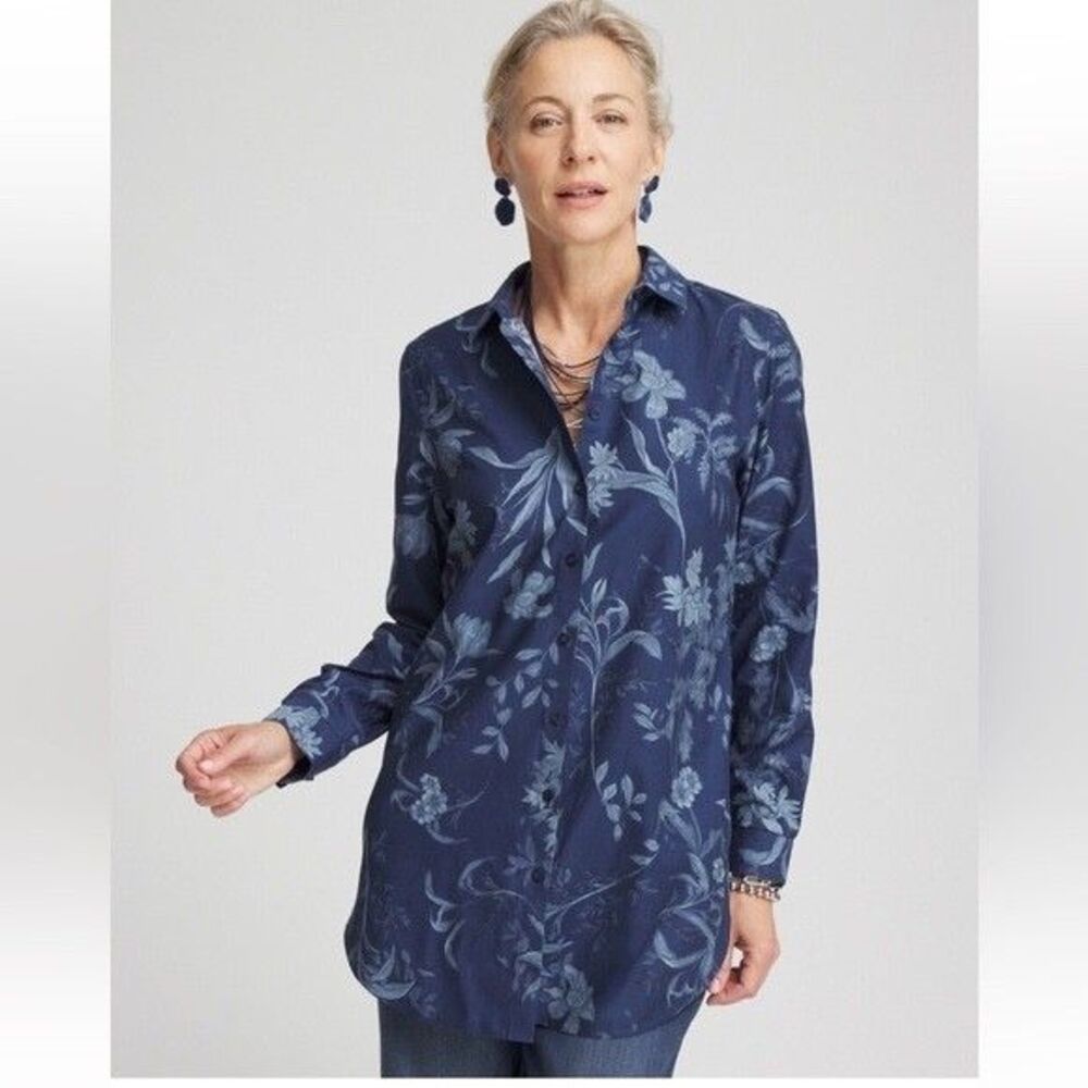 Chico's No Iron Navy Floral Pattern Tunic Chico’s 2 (Large / US 12) NWT